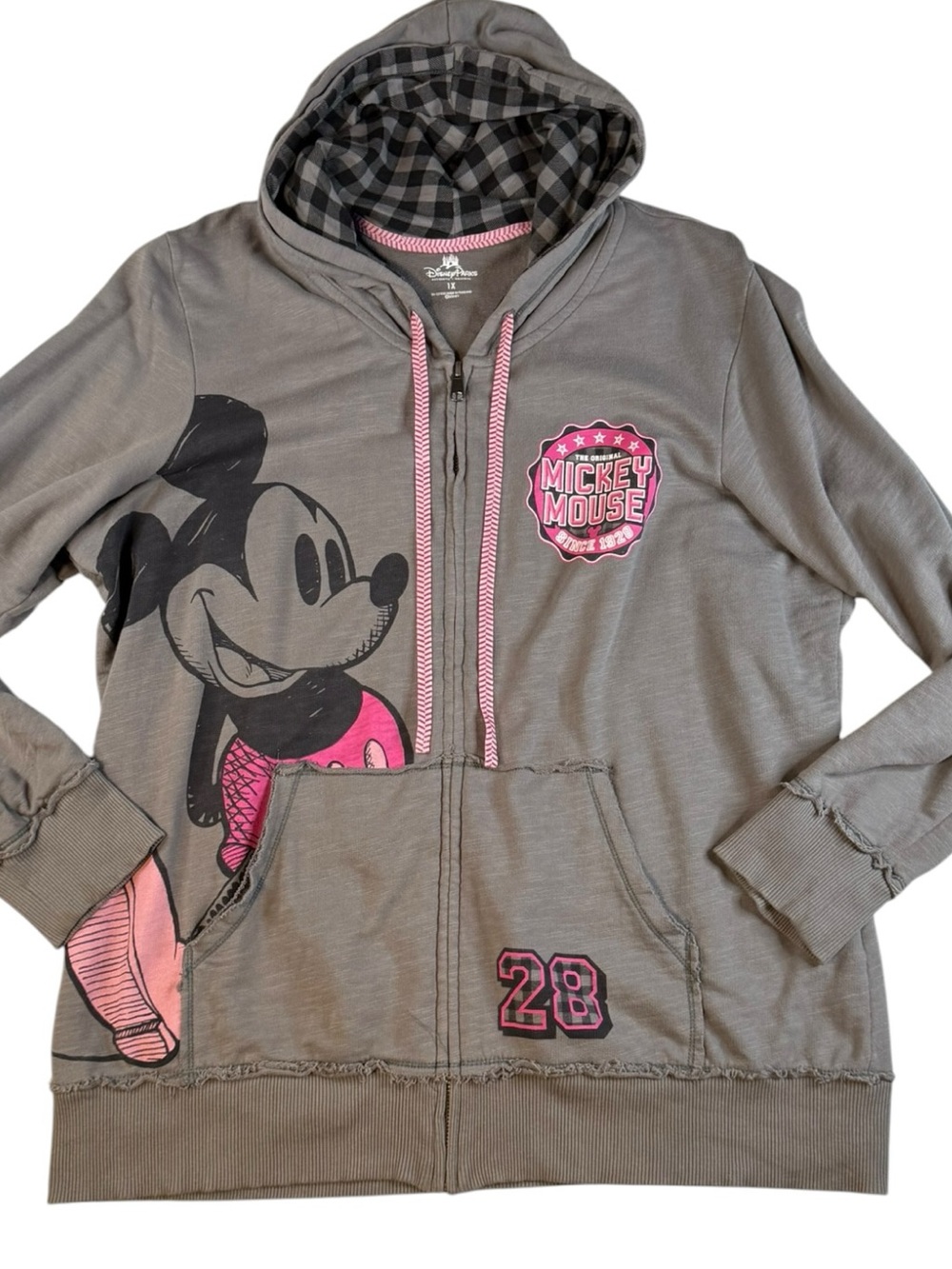 Disney Parks Mickey Mouse Hoodie Womens 1X Gray Pink Zip Up Sweatshirt Y2K